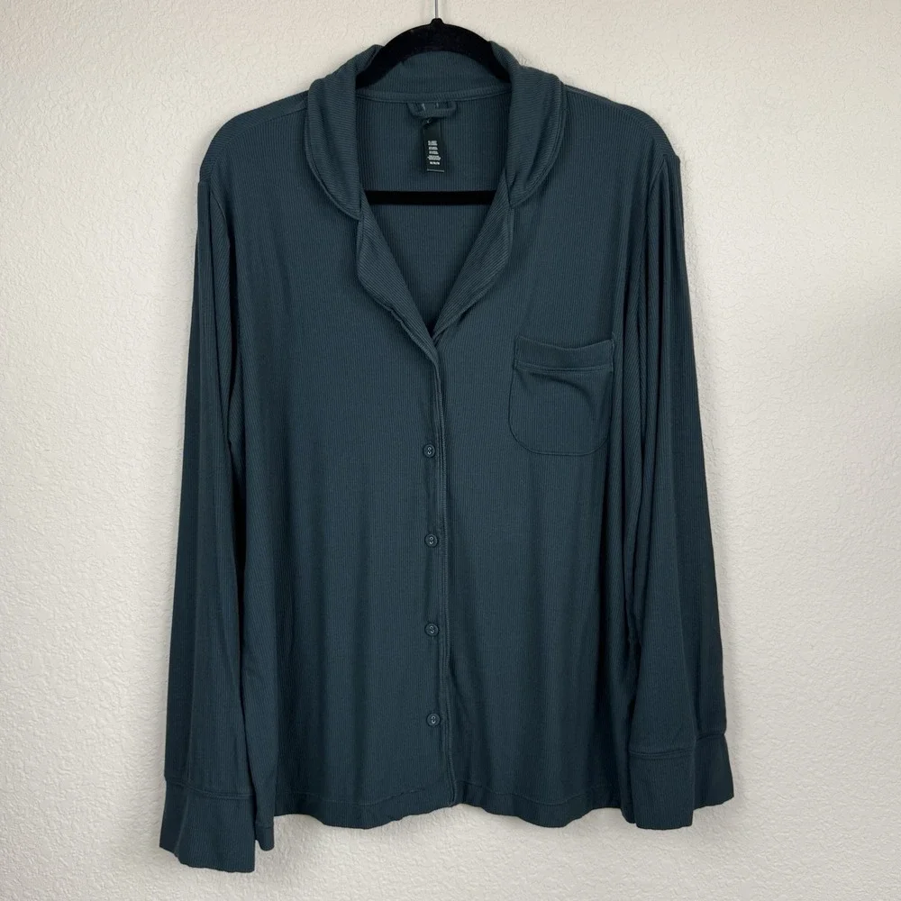 Skims Soft Lounge Ribbed Pajama Sleep Shirt Dark Green Women's Med Long Sleeve - Picture 1 of 5